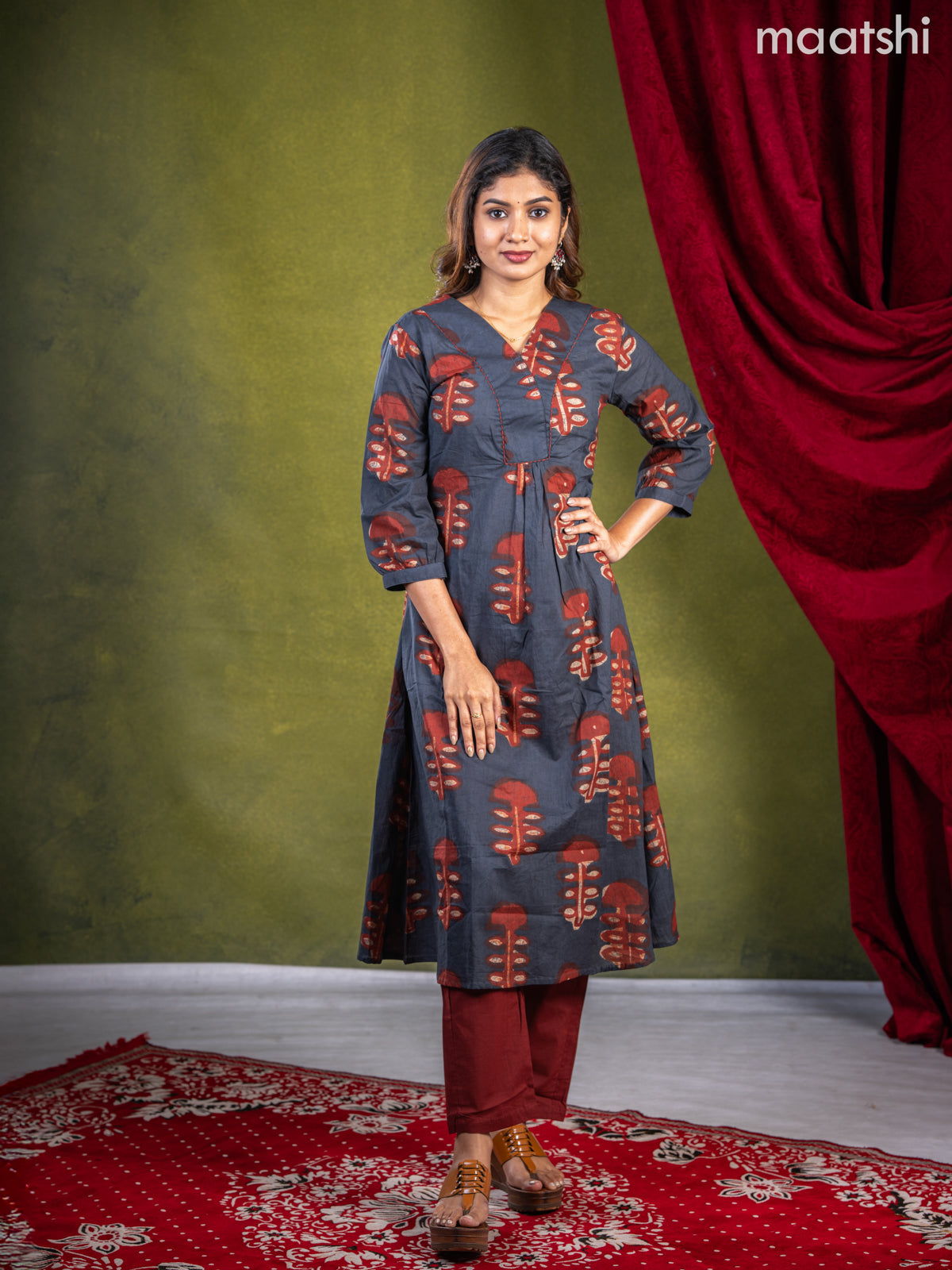 Anarkali cotton kurti set dark grey and rust shade with dabu butta prints & embroidery work v neck pattern and straight cut pant