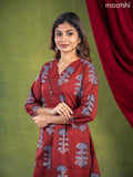 Anarkali cotton kurti set maroon and grey shade with dabu butta prints & embroidery work v neck pattern and straight cut pant