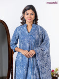 Semi cotton salwar suit blue and off white with allover prints & lace sequin work neck pattern and straight cut pant & dupatta