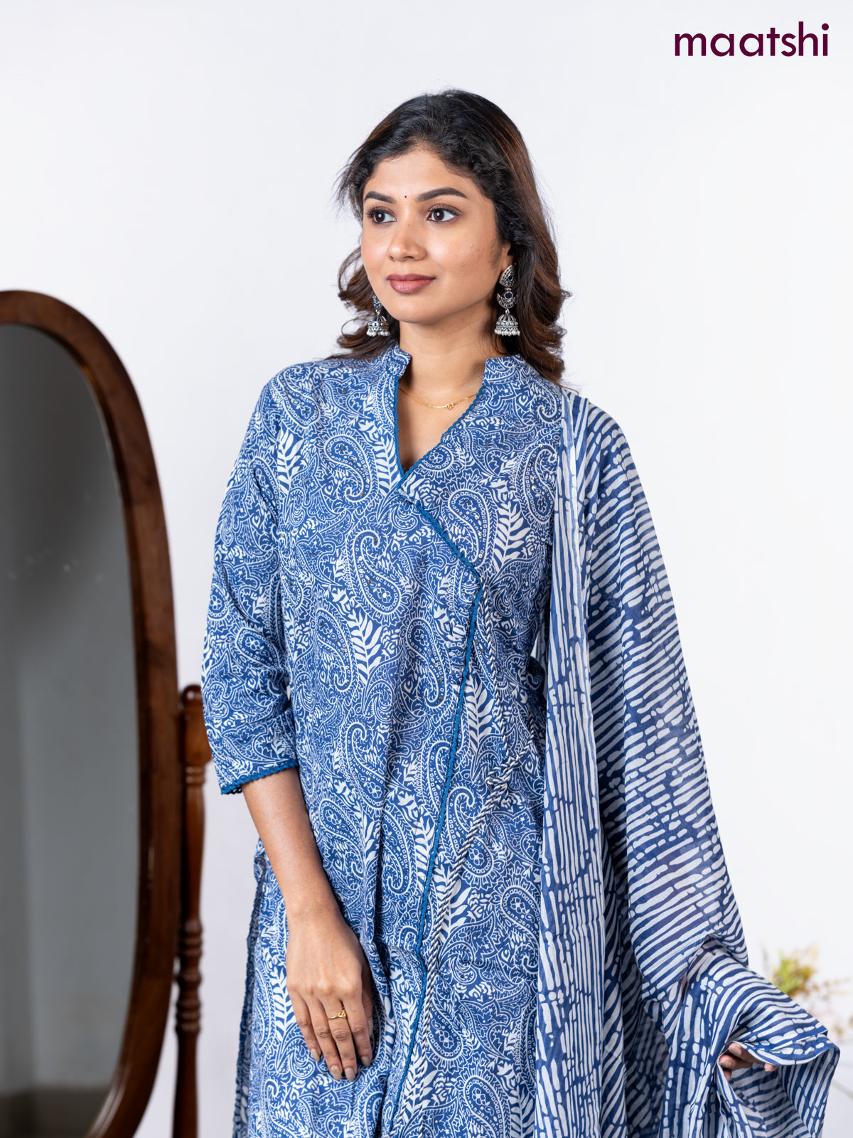 Semi cotton salwar suit blue and off white with allover prints & lace sequin work neck pattern and straight cut pant & dupatta
