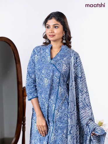 Semi cotton salwar suit blue and off white with allover prints & lace sequin work neck pattern and straight cut pant & dupatta