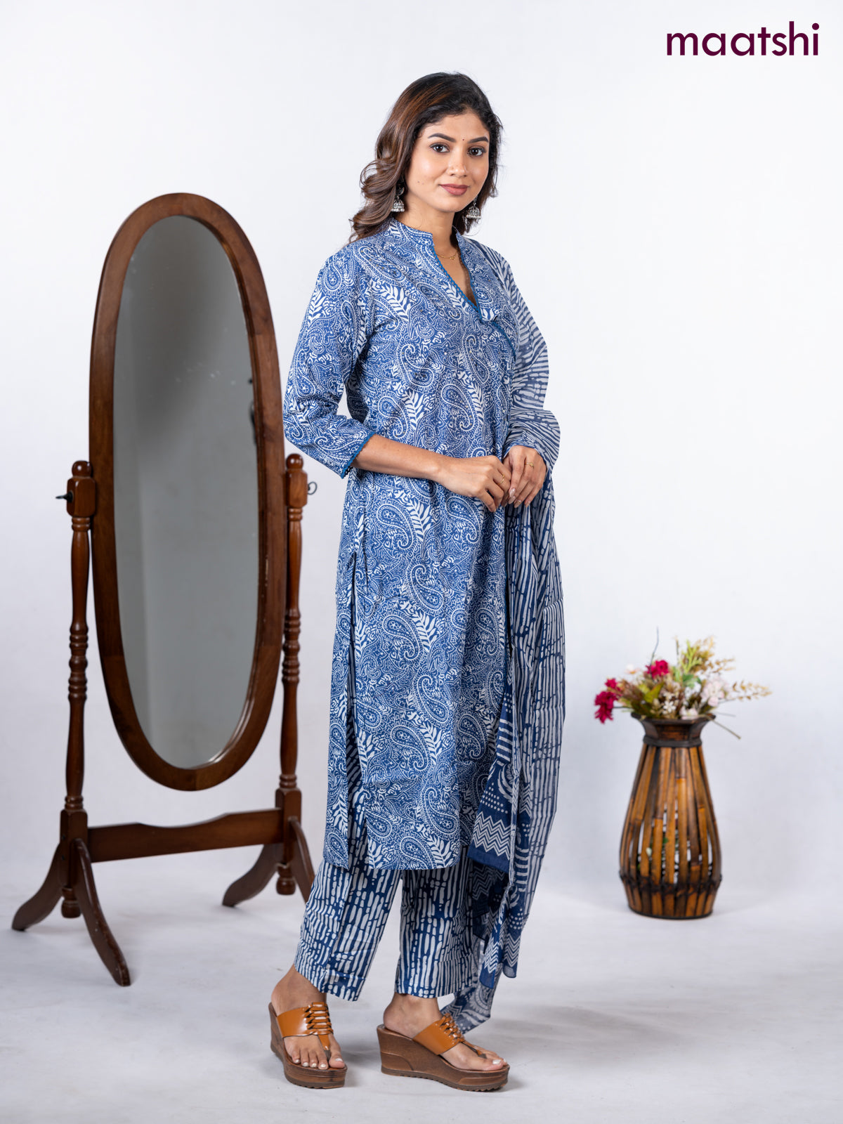 Semi cotton salwar suit blue and off white with allover prints & lace sequin work neck pattern and straight cut pant & dupatta