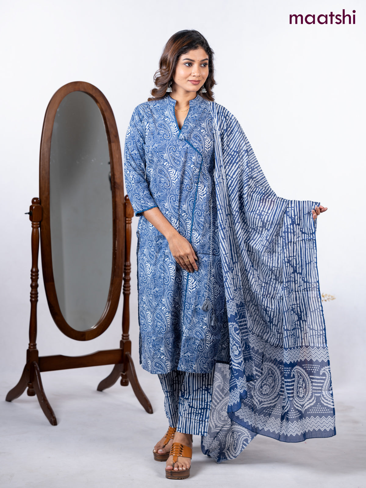 Semi cotton salwar suit blue and off white with allover prints & lace sequin work neck pattern and straight cut pant & dupatta