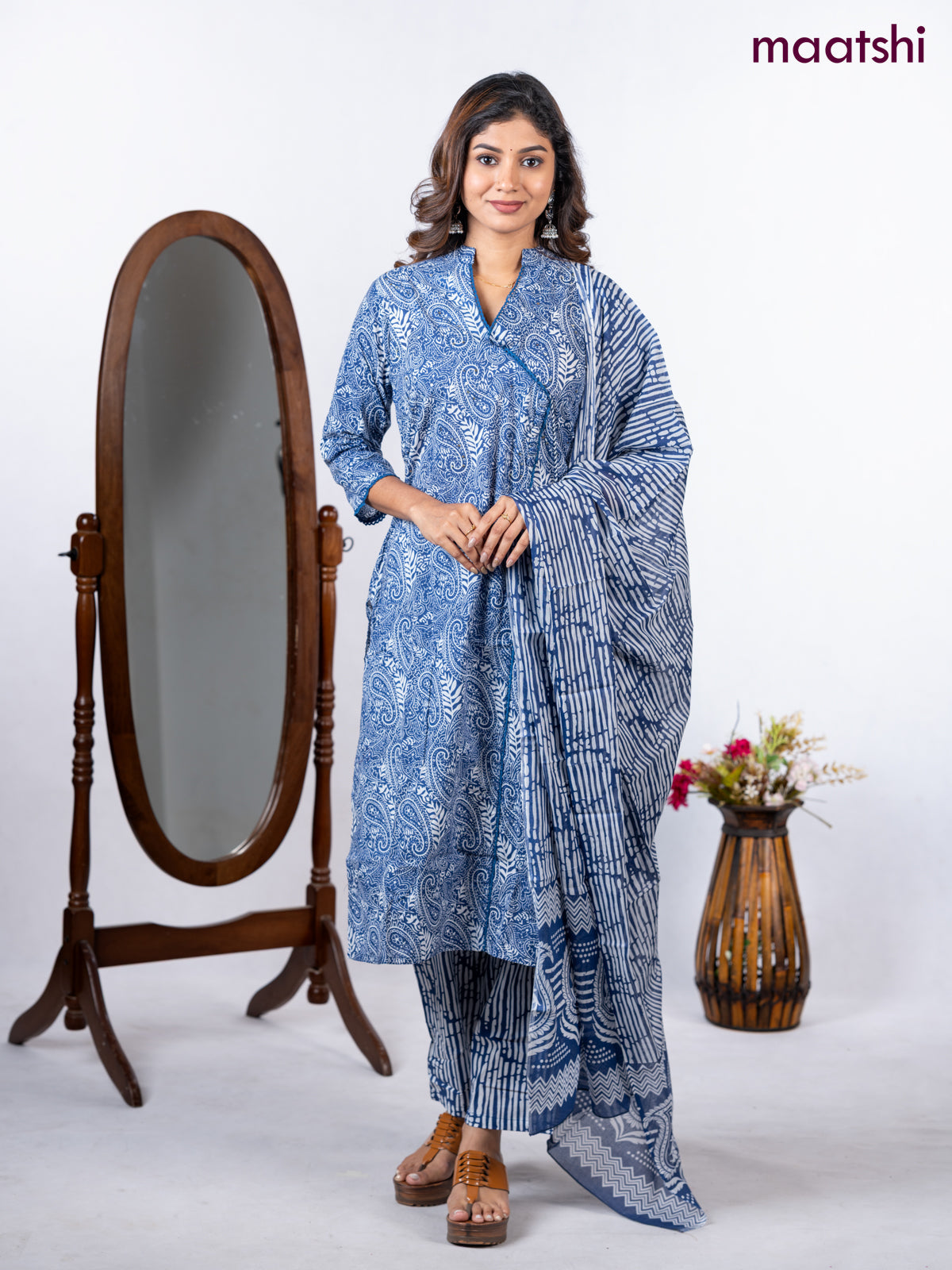 Semi cotton salwar suit blue and off white with allover prints & lace sequin work neck pattern and straight cut pant & dupatta