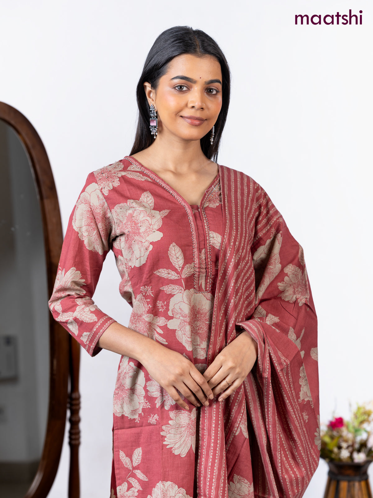 Semi cotton salwar suit pastel maroon and beige with allover floral prints & beaded work neck pattern and straight cut pant & dupatta