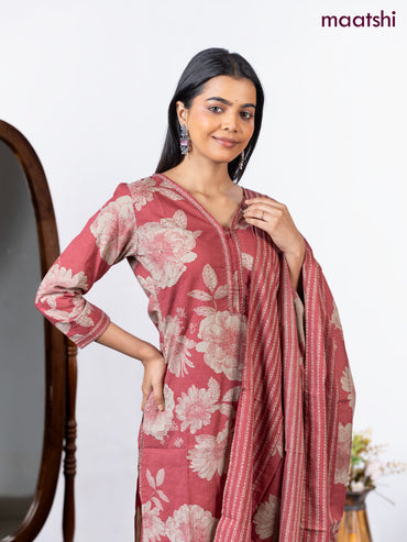 Semi cotton salwar suit pastel maroon and beige with allover floral prints & beaded work neck pattern and straight cut pant & dupatta