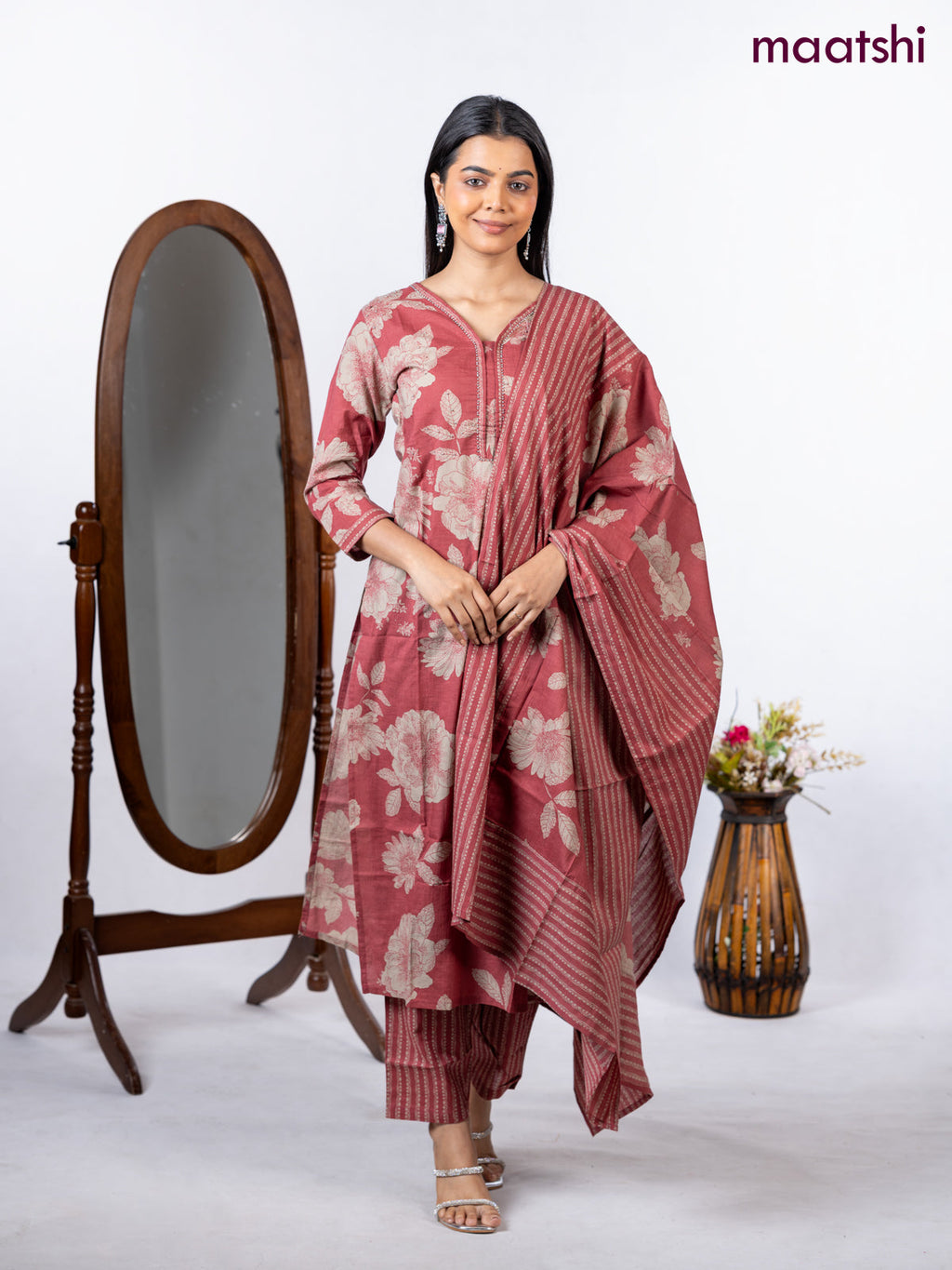 Semi cotton salwar suit pastel maroon and beige with allover floral prints & beaded work neck pattern and straight cut pant & dupatta