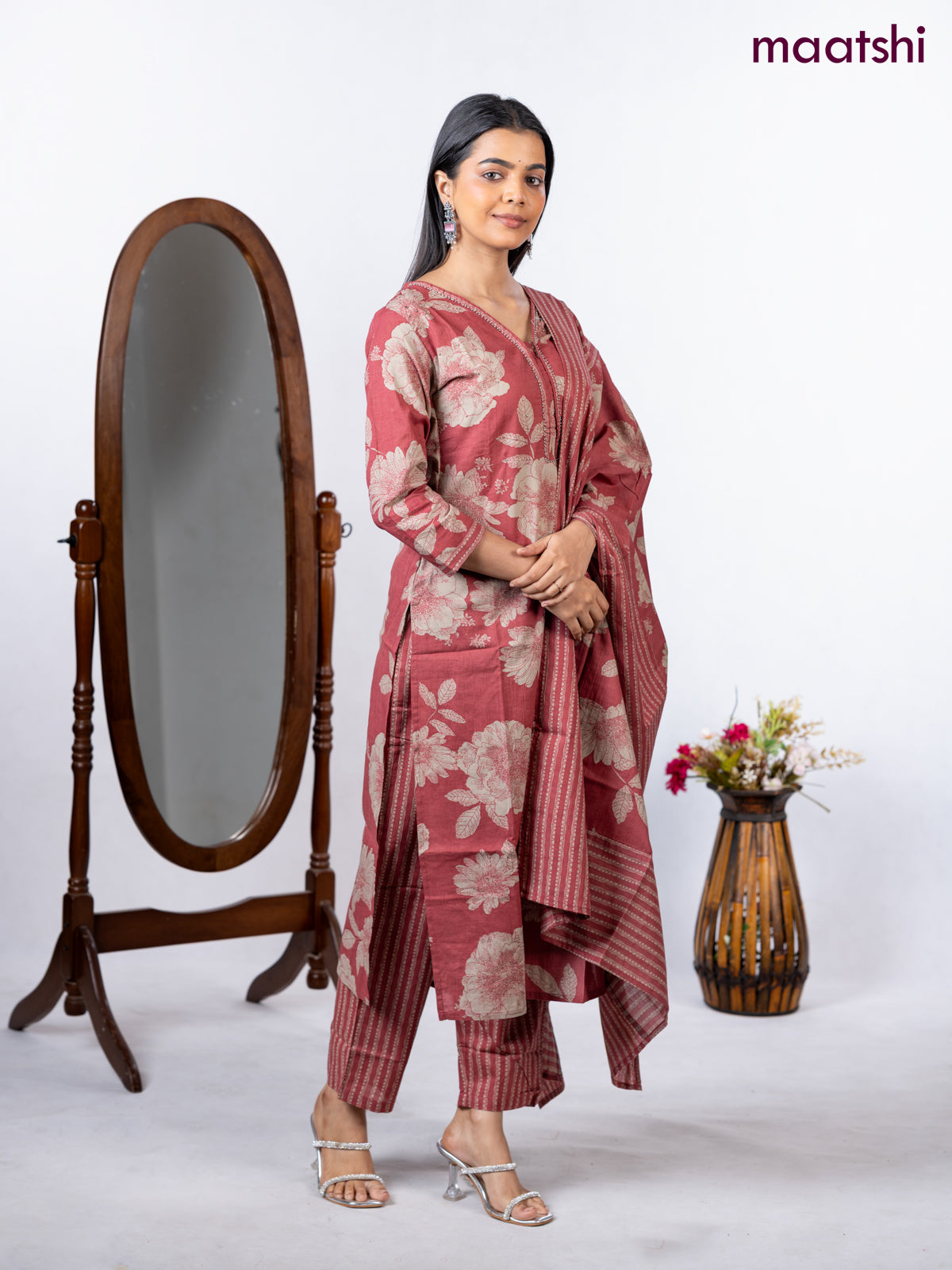 Semi cotton salwar suit pastel maroon and beige with allover floral prints & beaded work neck pattern and straight cut pant & dupatta
