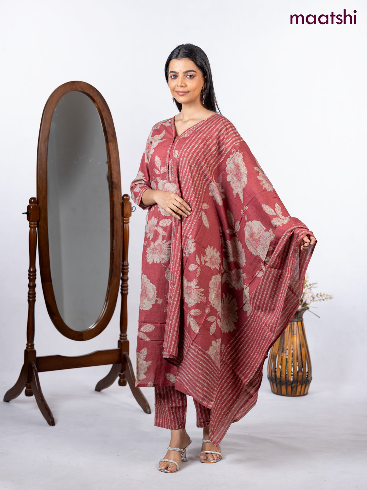 Semi cotton salwar suit pastel maroon and beige with allover floral prints & beaded work neck pattern and straight cut pant & dupatta