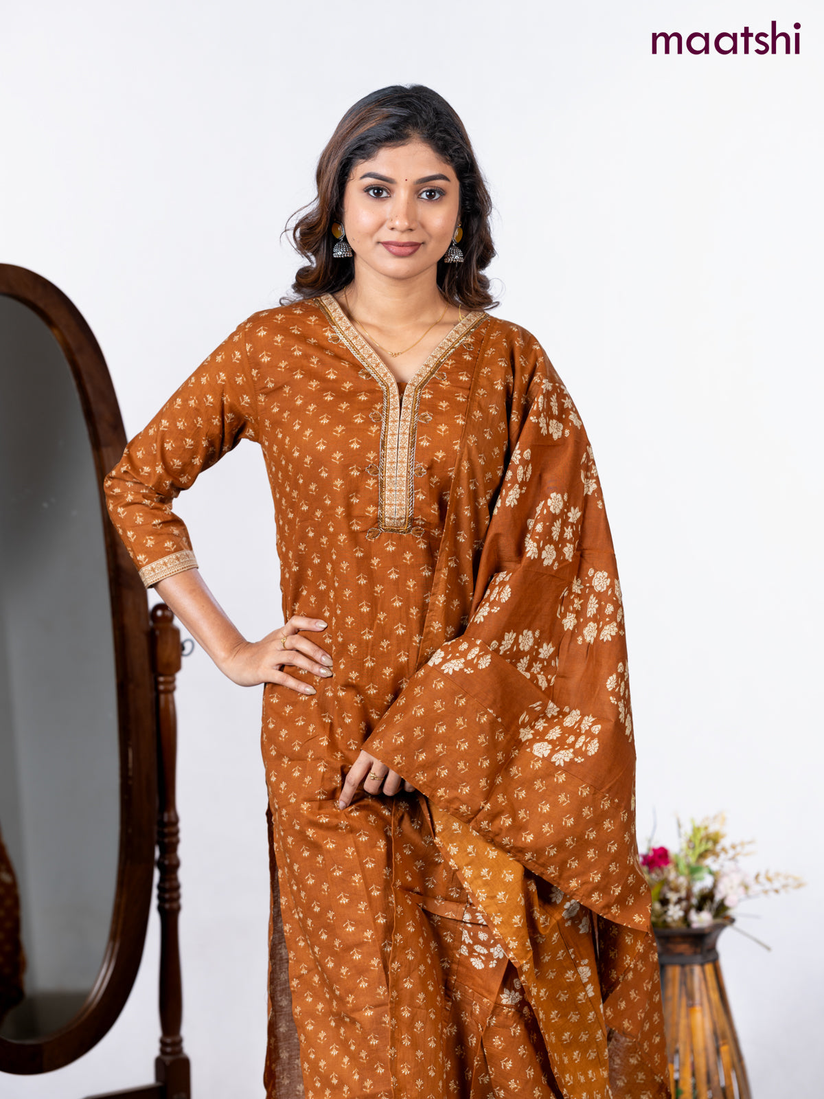 Semi cotton salwar suit dark mustard with allover butta prints & embroidery beaded work neck pattern and straight cut pant & dupatta
