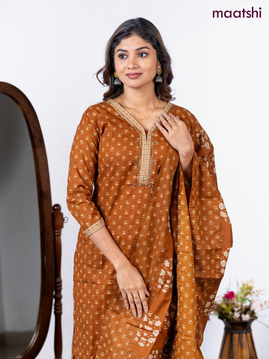 Semi cotton salwar suit dark mustard with allover butta prints & embroidery beaded work neck pattern and straight cut pant & dupatta