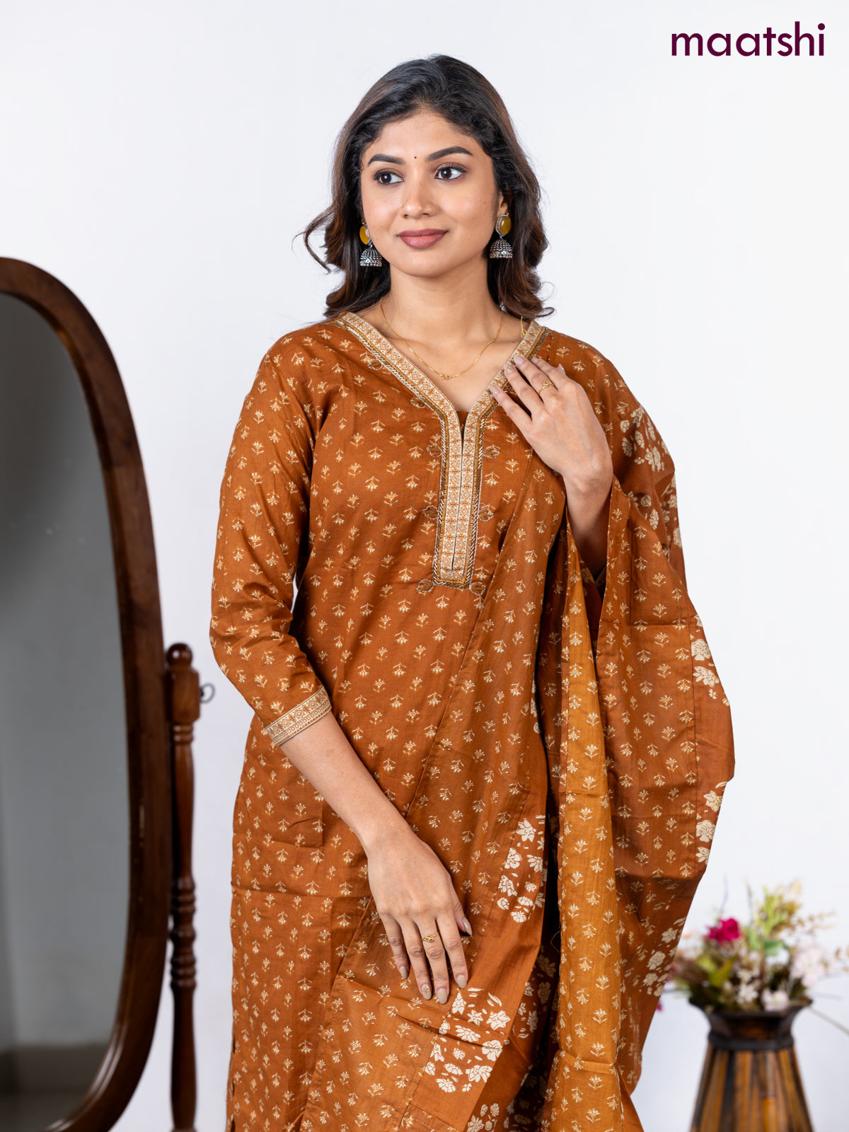 Semi cotton salwar suit dark mustard with allover butta prints & embroidery beaded work neck pattern and straight cut pant & dupatta