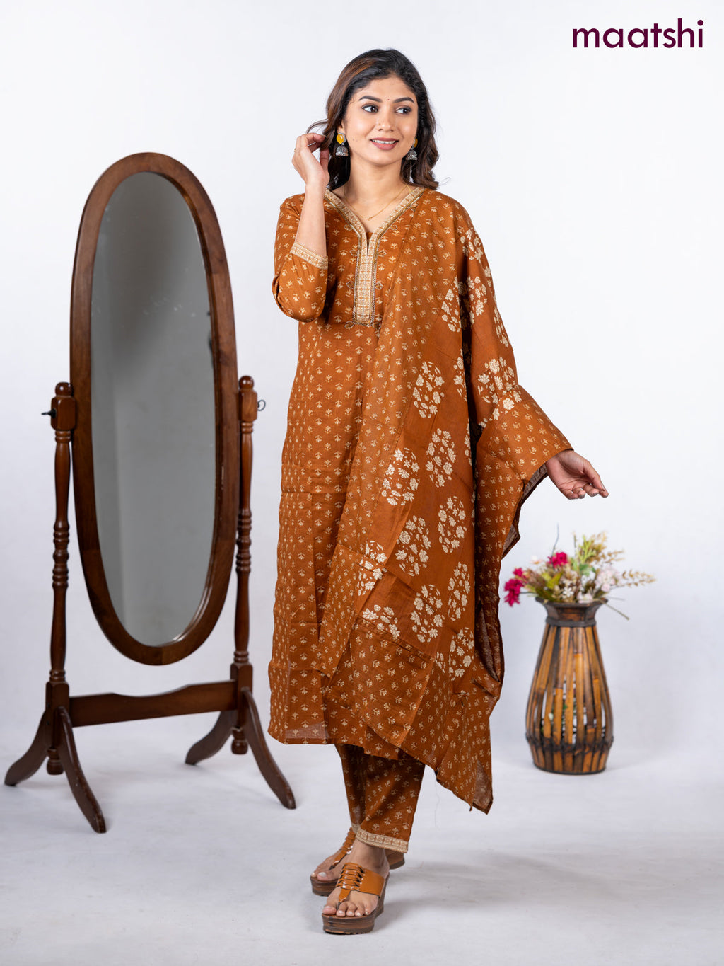 Semi cotton salwar suit dark mustard with allover butta prints & embroidery beaded work neck pattern and straight cut pant & dupatta