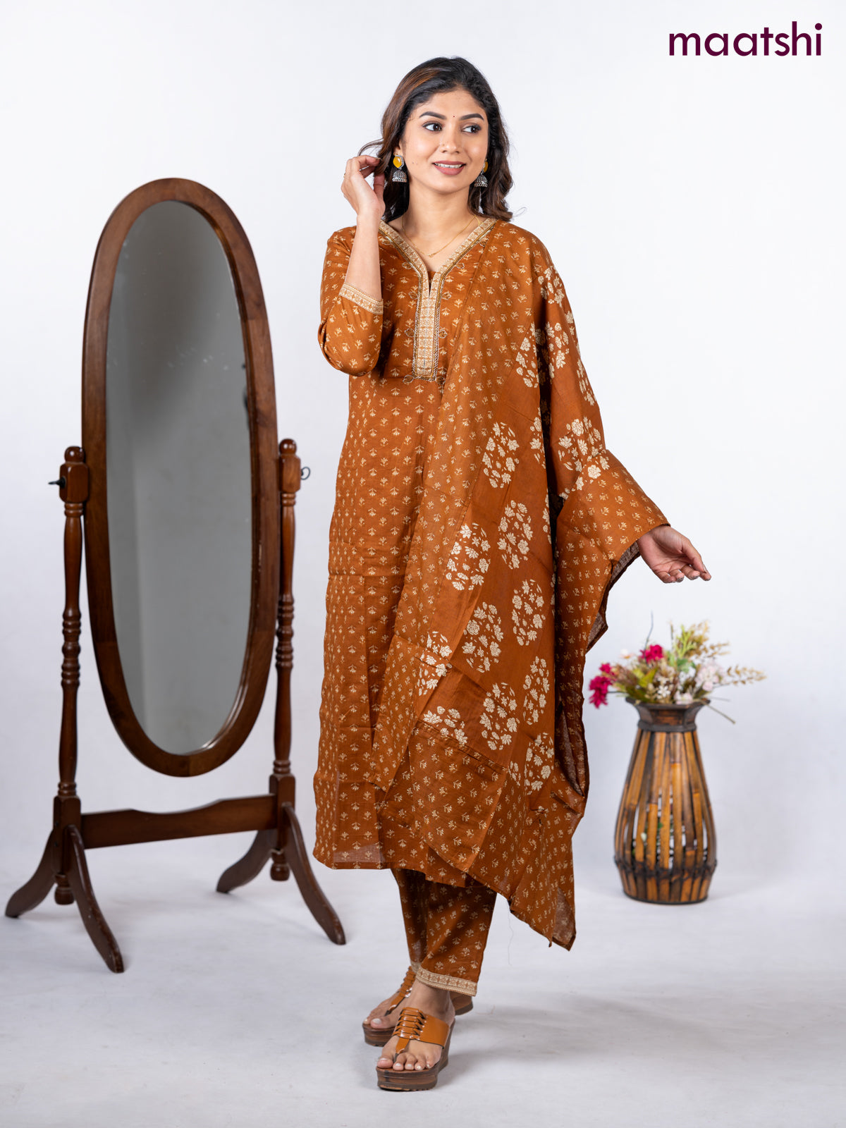 Semi cotton salwar suit dark mustard with allover butta prints & embroidery beaded work neck pattern and straight cut pant & dupatta