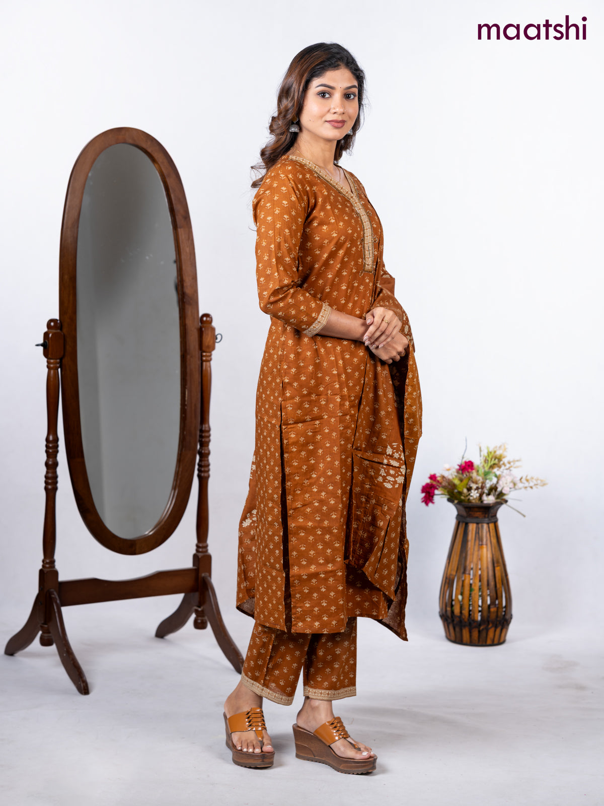Semi cotton salwar suit dark mustard with allover butta prints & embroidery beaded work neck pattern and straight cut pant & dupatta