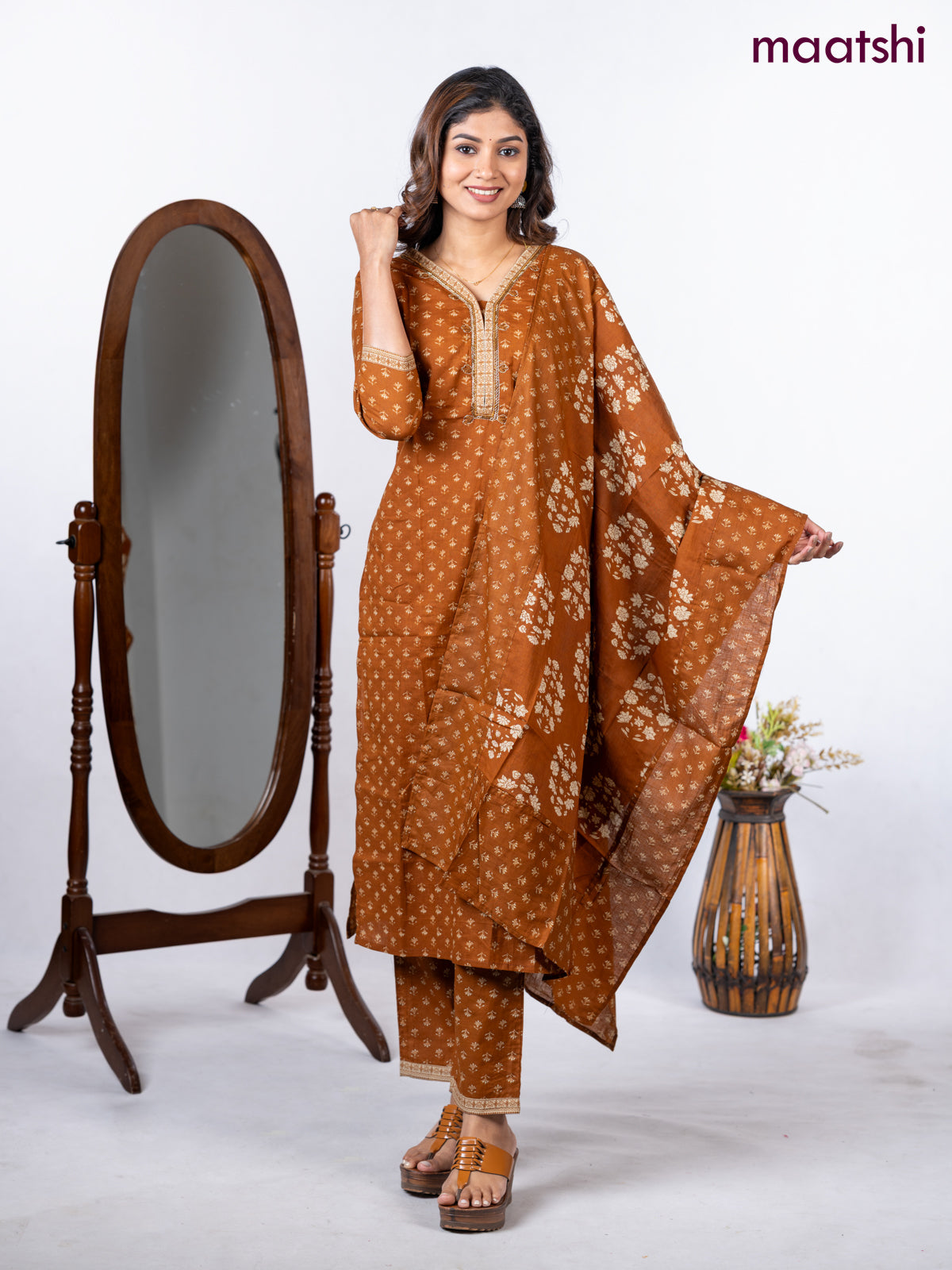 Semi cotton salwar suit dark mustard with allover butta prints & embroidery beaded work neck pattern and straight cut pant & dupatta