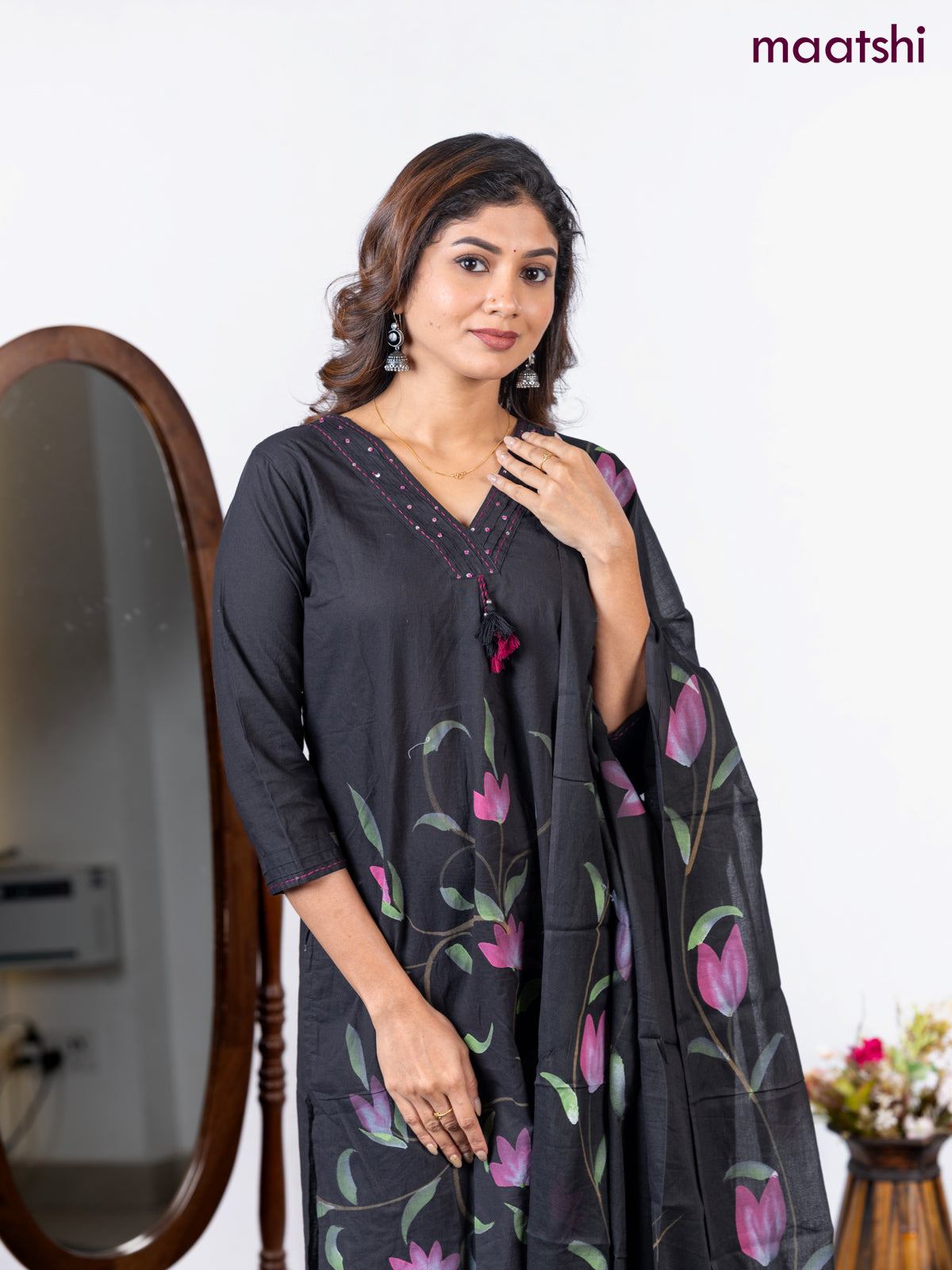 Semi cotton salwar suit black with placement prints & embroidery sequin work v neck pattern and straight cut pant & dupatta
