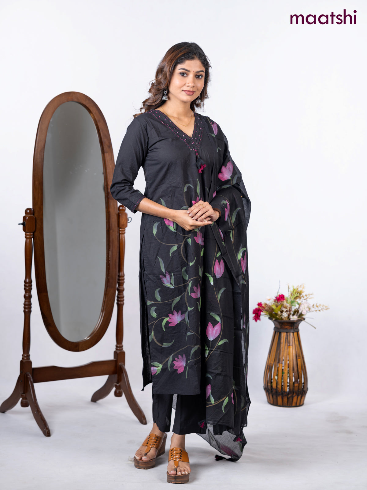 Semi cotton salwar suit black with placement prints & embroidery sequin work v neck pattern and straight cut pant & dupatta