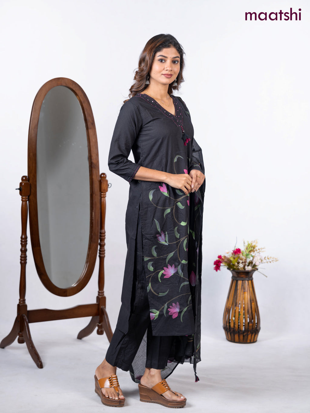 Semi cotton salwar suit black with placement prints & embroidery sequin work v neck pattern and straight cut pant & dupatta