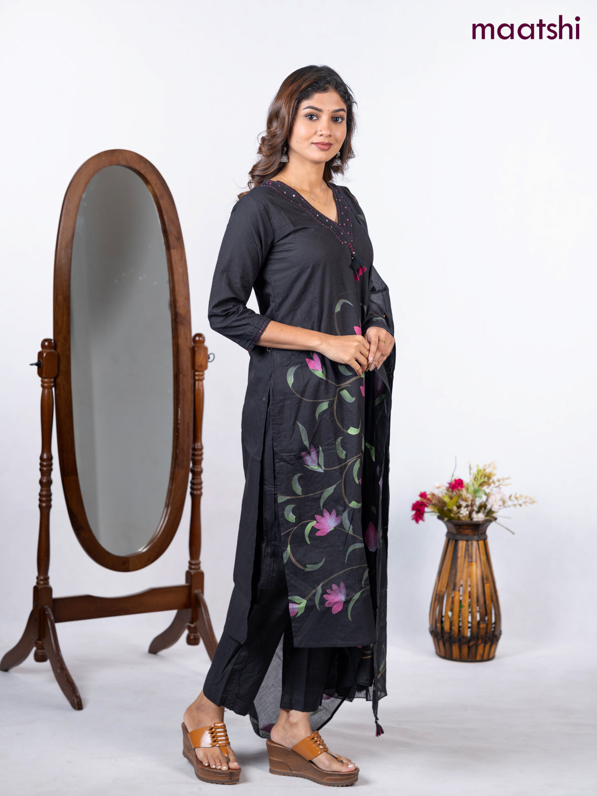 Semi cotton salwar suit black with placement prints & embroidery sequin work v neck pattern and straight cut pant & dupatta