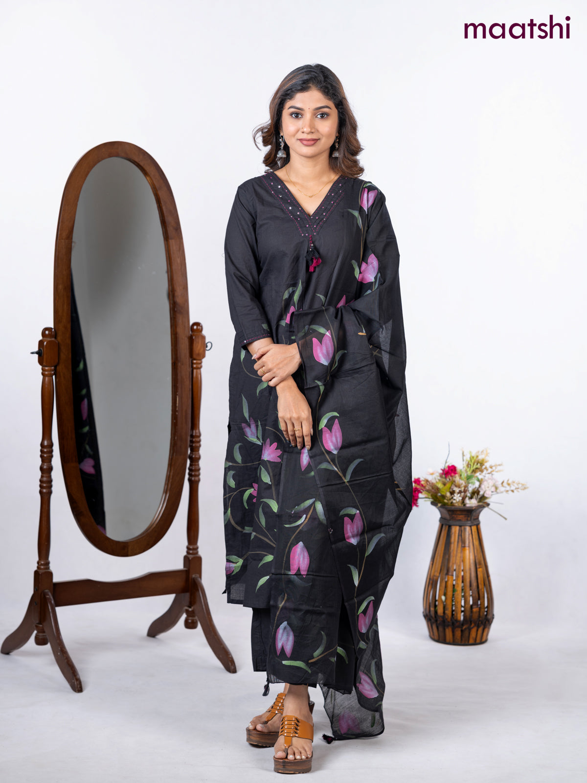Semi cotton salwar suit black with placement prints & embroidery sequin work v neck pattern and straight cut pant & dupatta