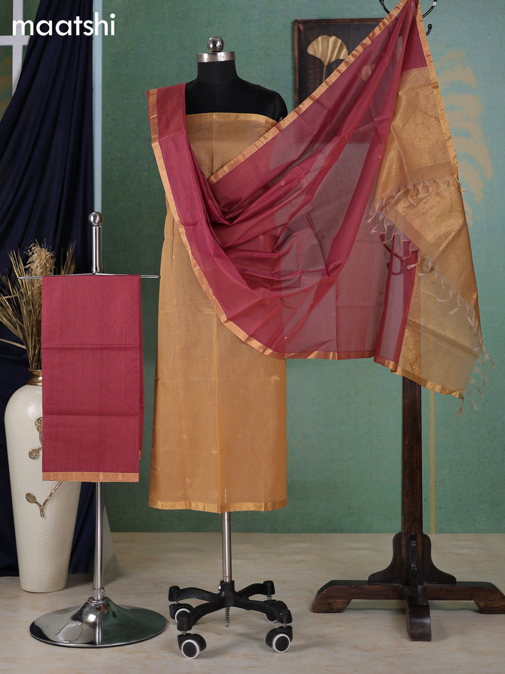 Sandal and Dark Peach Kora Silk Cotton Dress Material With Zari Buttas and Bottom & Zari Dupatta