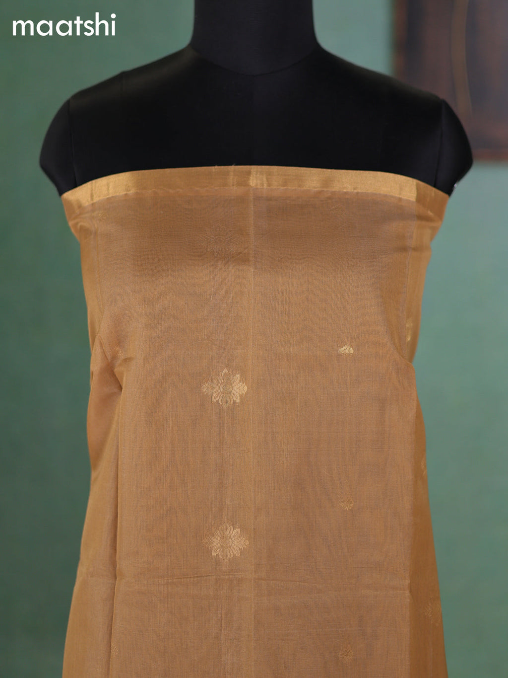 Sandal and Dark Peach Kora Silk Cotton Dress Material With Zari Buttas and Bottom & Zari Dupatta