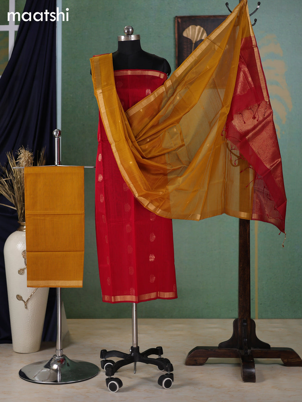 Kumkum Red and Dark Mustard Kora Silk Cotton Dress Material With Zari Buttas and Bottom & Zari Dupatta