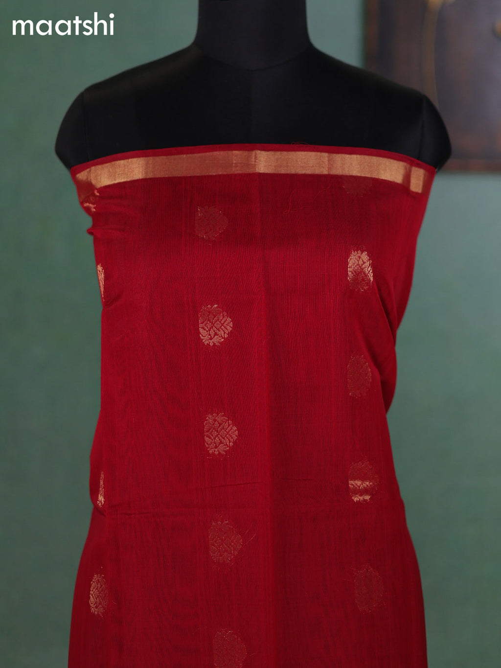 Kumkum Red and Dark Mustard Kora Silk Cotton Dress Material With Zari Buttas and Bottom & Zari Dupatta
