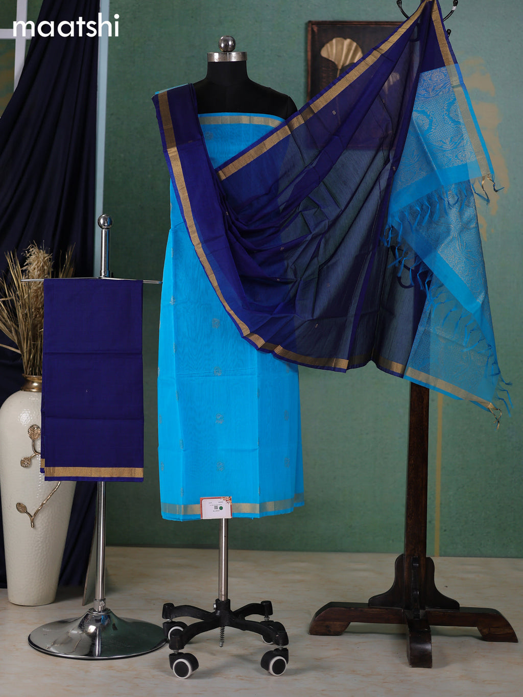 Teal Blue and Navy Blue Kora Silk Cotton Dress Material With Zari Buttas and Bottom & Zari Dupatta