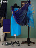 Teal Blue and Navy Blue Kora Silk Cotton Dress Material With Zari Buttas and Bottom & Zari Dupatta