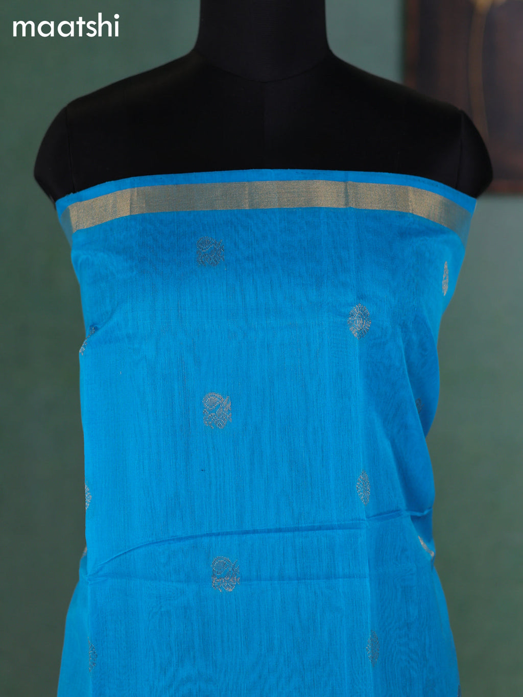 Teal Blue and Navy Blue Kora Silk Cotton Dress Material With Zari Buttas and Bottom & Zari Dupatta