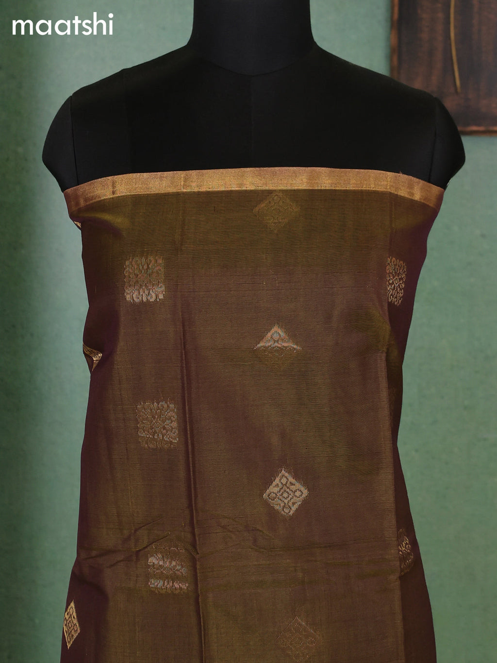 Dual Shade Of Mehendi Green and Cs Blue Kora Silk Cotton Dress Material With Zari Buttas and Bottom & Zari Dupatta