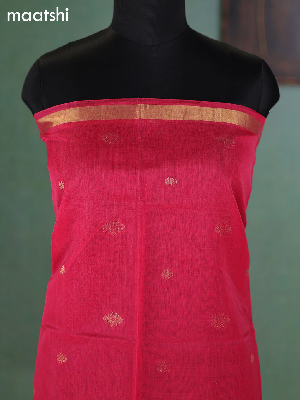 Peach Pink and Green Kora Silk Cotton Dress Material With Zari Buttas and Bottom & Zari Dupatta
