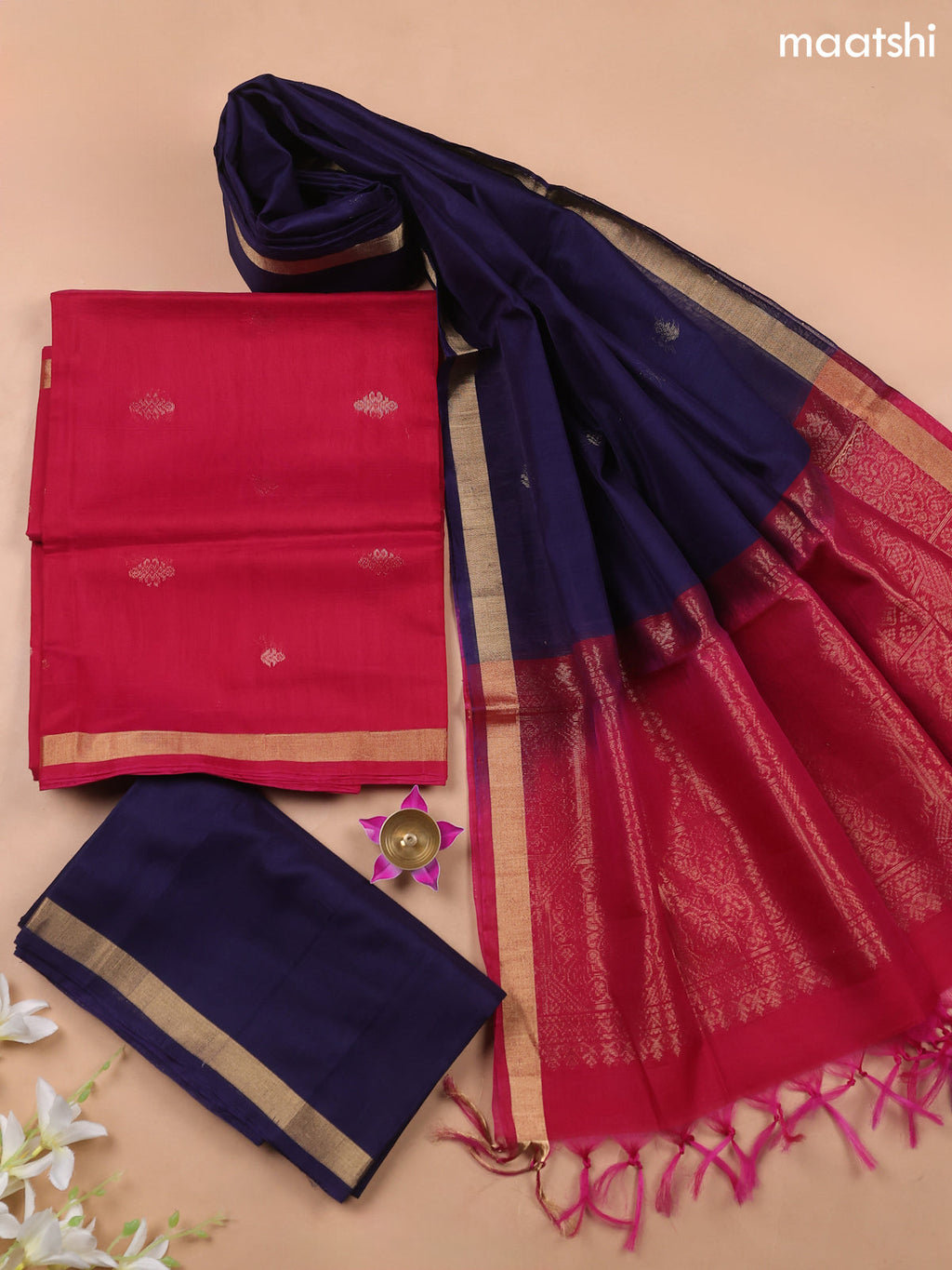 Magentha Pink and Navy Blue Kora Silk Cotton Dress Material With Zari Buttas