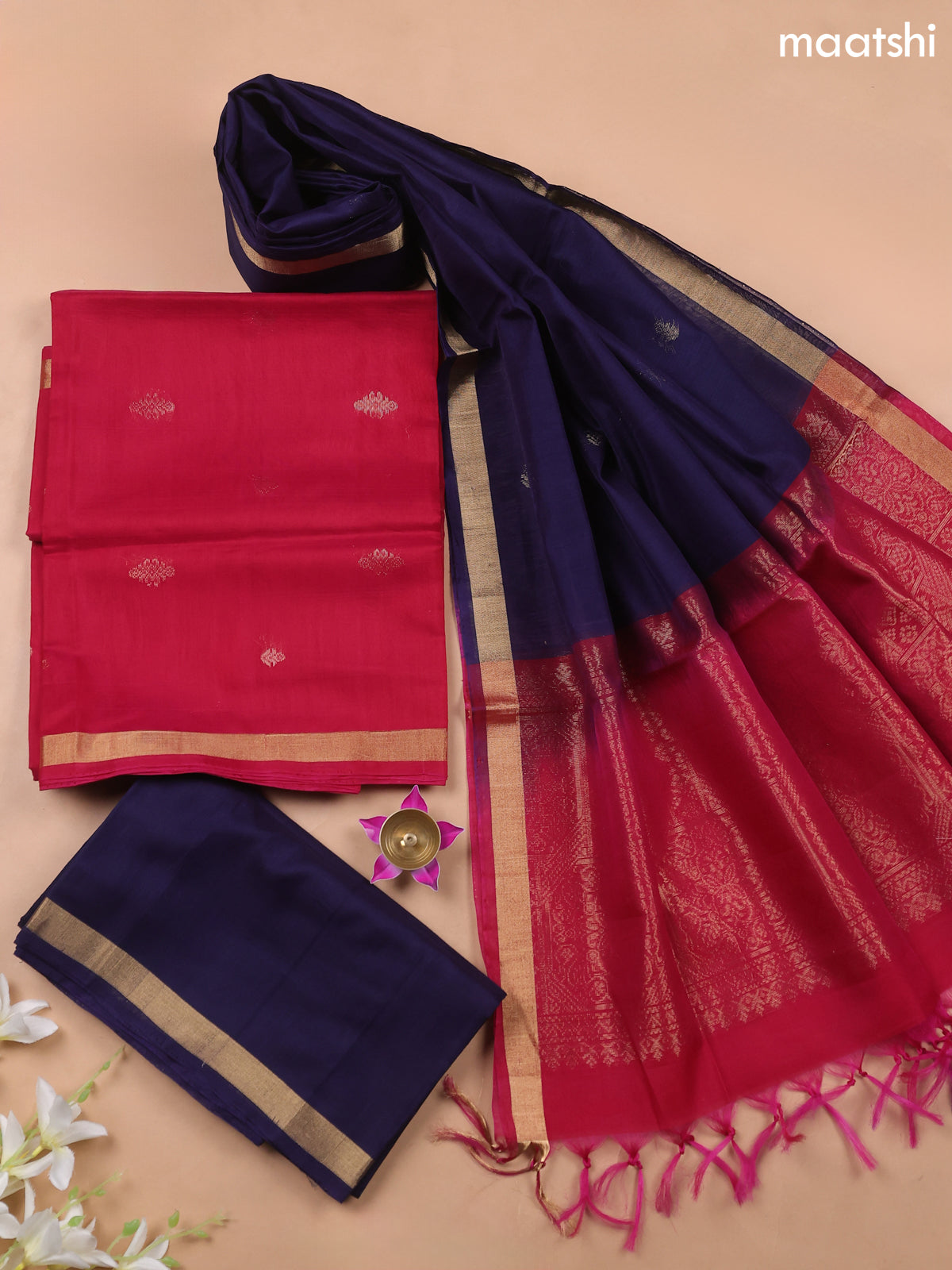Magentha Pink and Navy Blue Kora Silk Cotton Dress Material With Zari Buttas