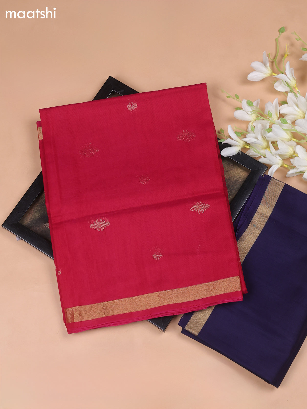 Magentha Pink and Navy Blue Kora Silk Cotton Dress Material With Zari Buttas