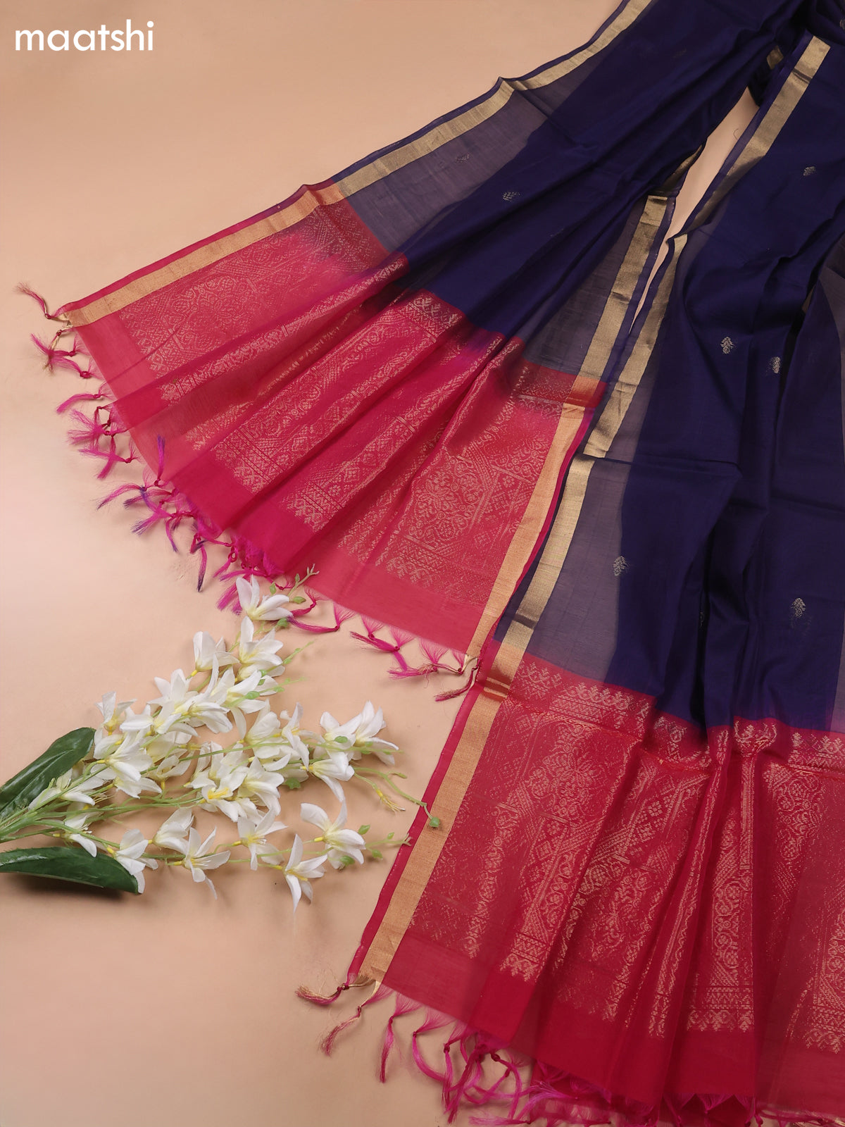 Magentha Pink and Navy Blue Kora Silk Cotton Dress Material With Zari Buttas