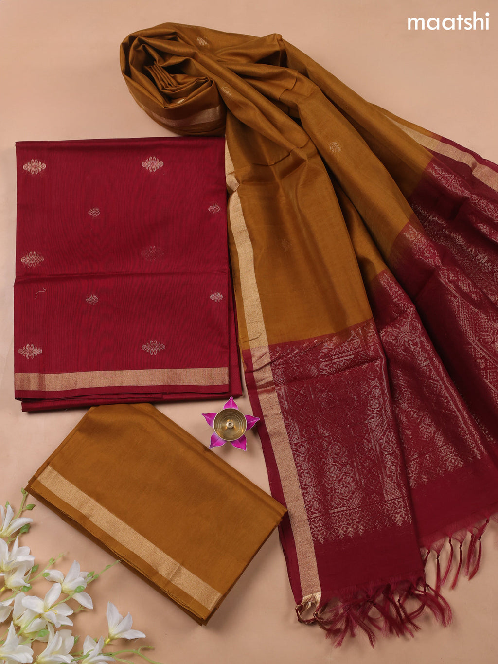 Dark Musted Yellow and Maroon Kora Silk Cotton Dress Material With Zari Buttas