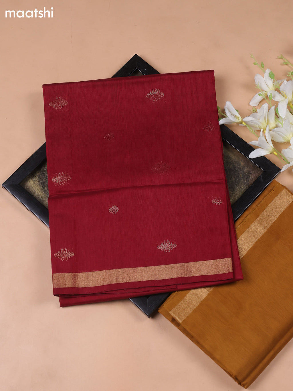 Dark Musted Yellow and Maroon Kora Silk Cotton Dress Material With Zari Buttas