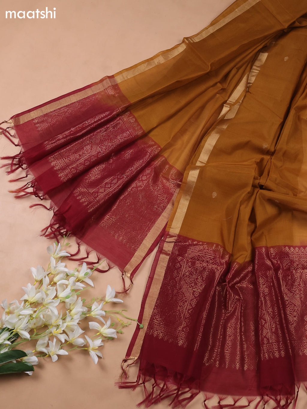 Dark Musted Yellow and Maroon Kora Silk Cotton Dress Material With Zari Buttas