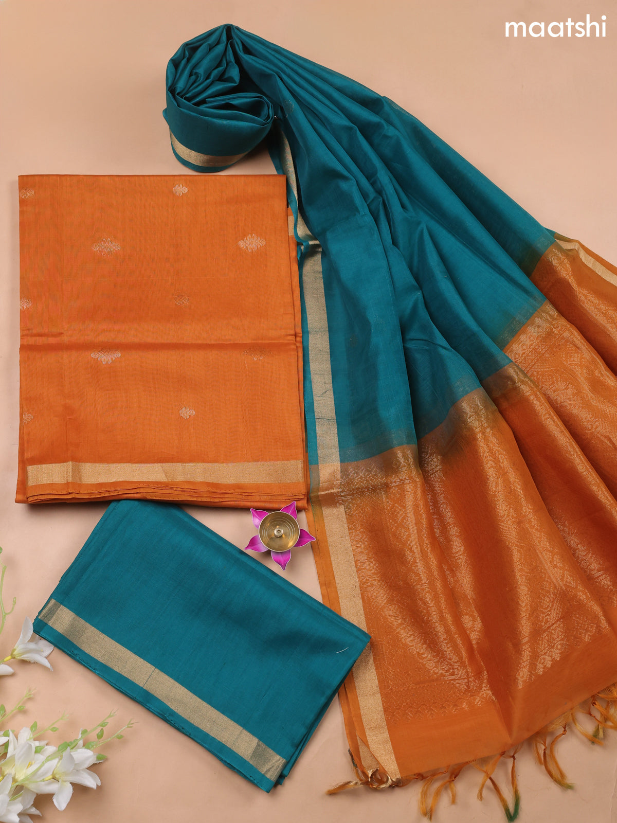 Mango Yellow and Teal Green Kora Silk Cotton Dress Material With Zari Buttas