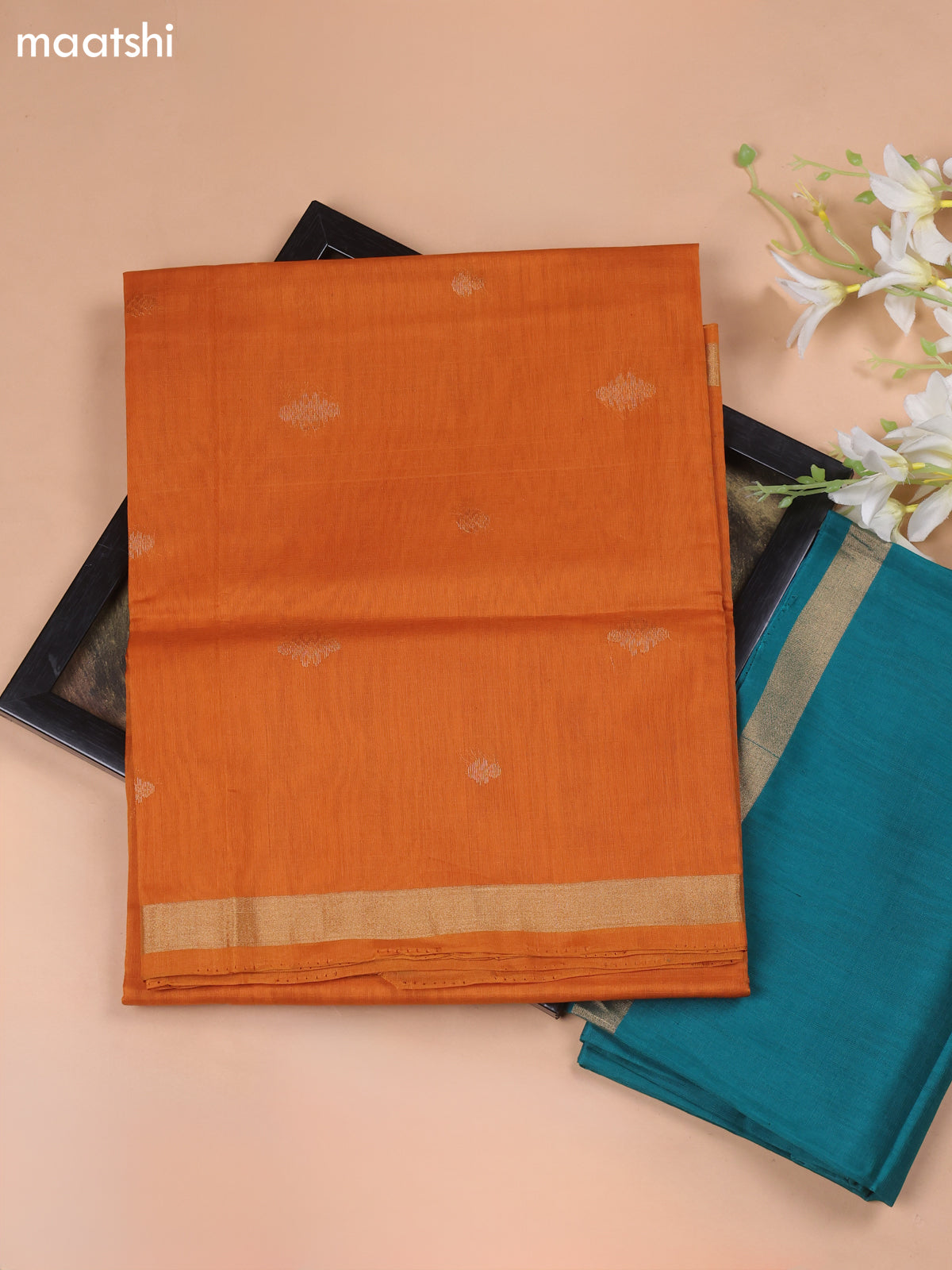 Mango Yellow and Teal Green Kora Silk Cotton Dress Material With Zari Buttas