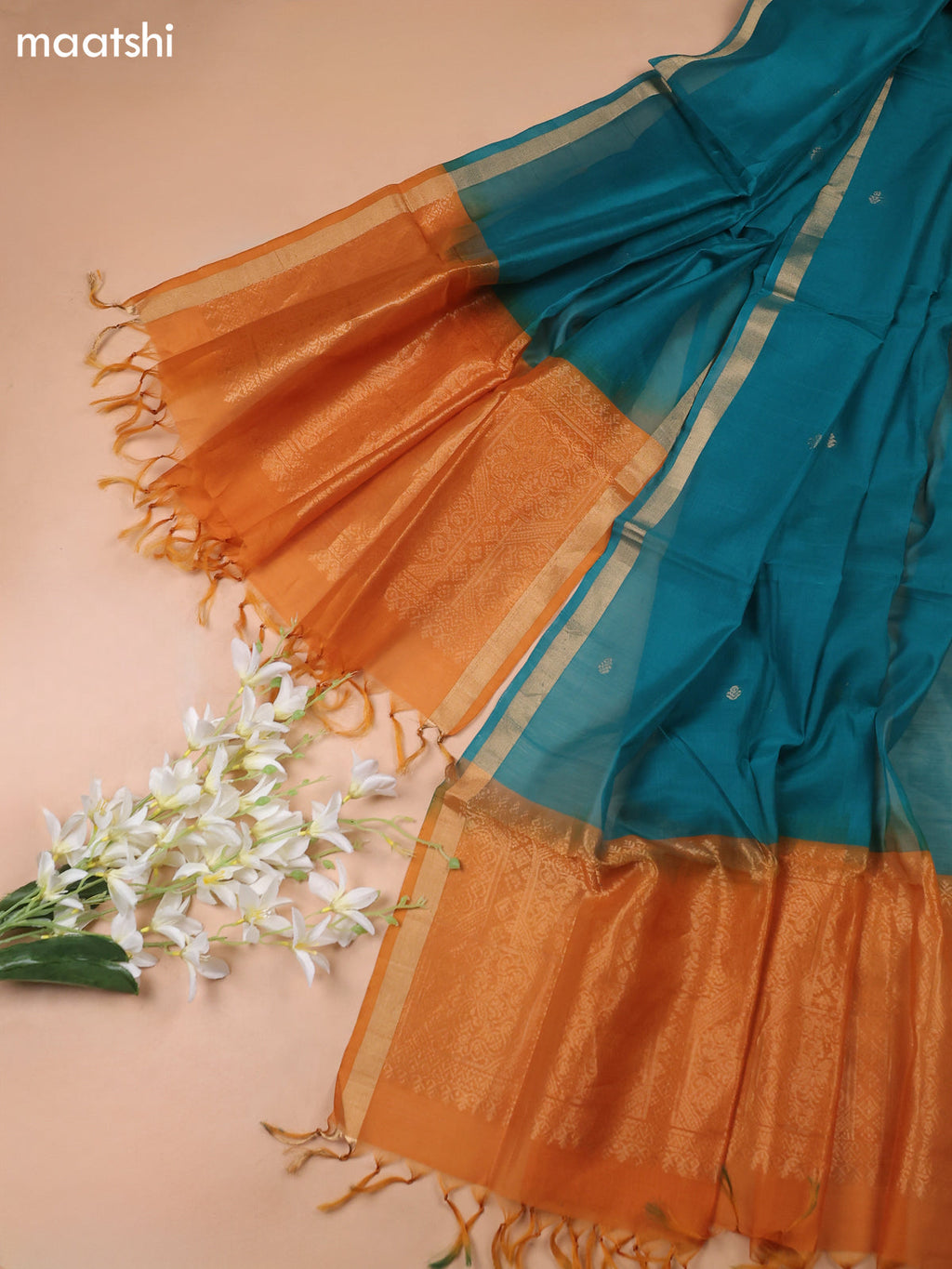 Mango Yellow and Teal Green Kora Silk Cotton Dress Material With Zari Buttas