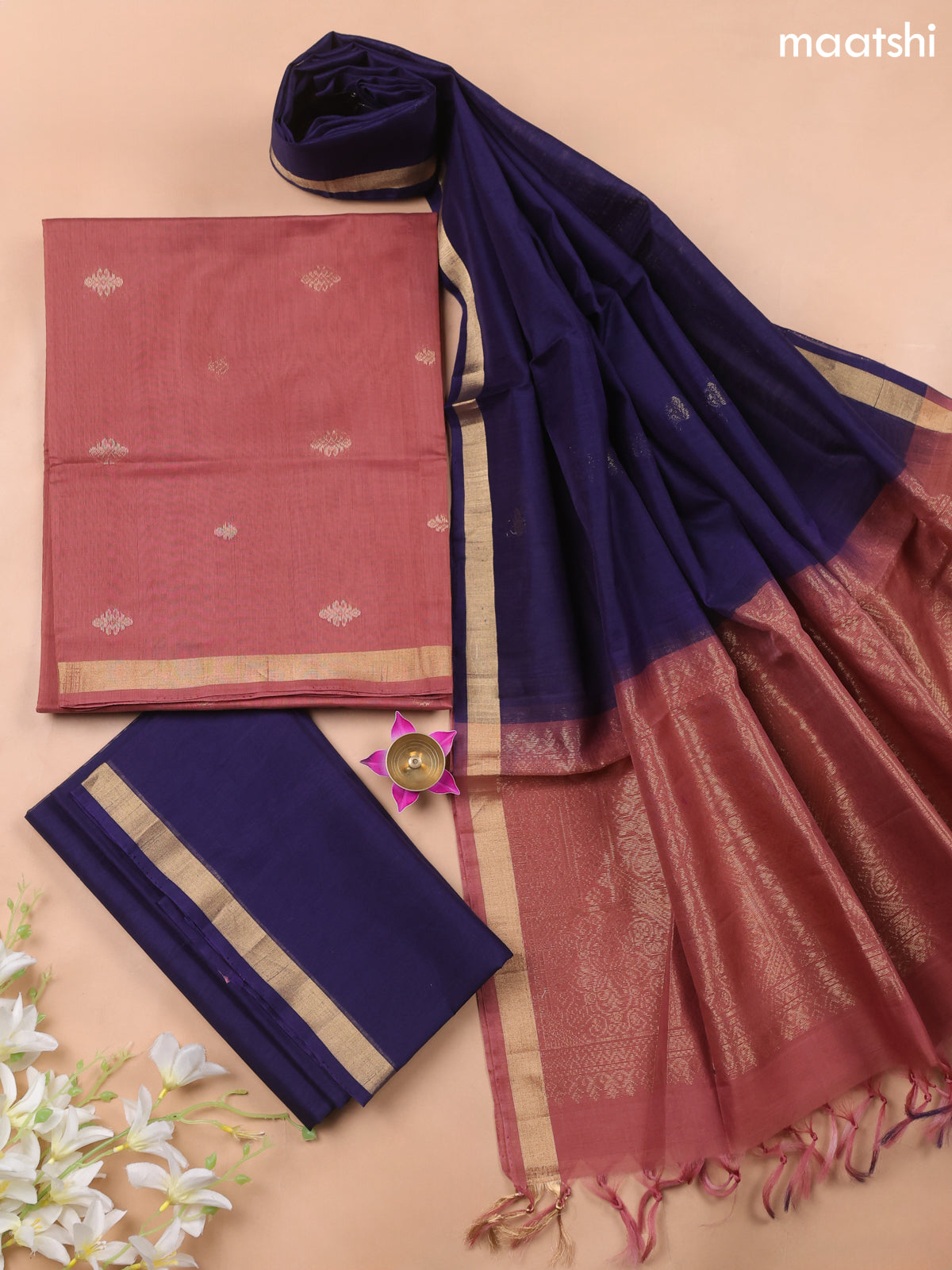 Dark Peach and Navy Blue Kora Silk Cotton Dress Material With Zari Buttas