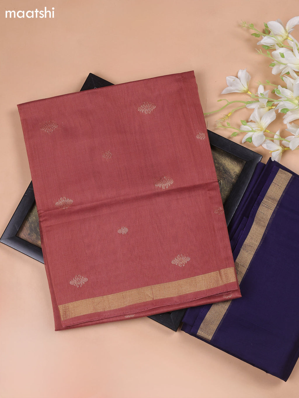 Dark Peach and Navy Blue Kora Silk Cotton Dress Material With Zari Buttas