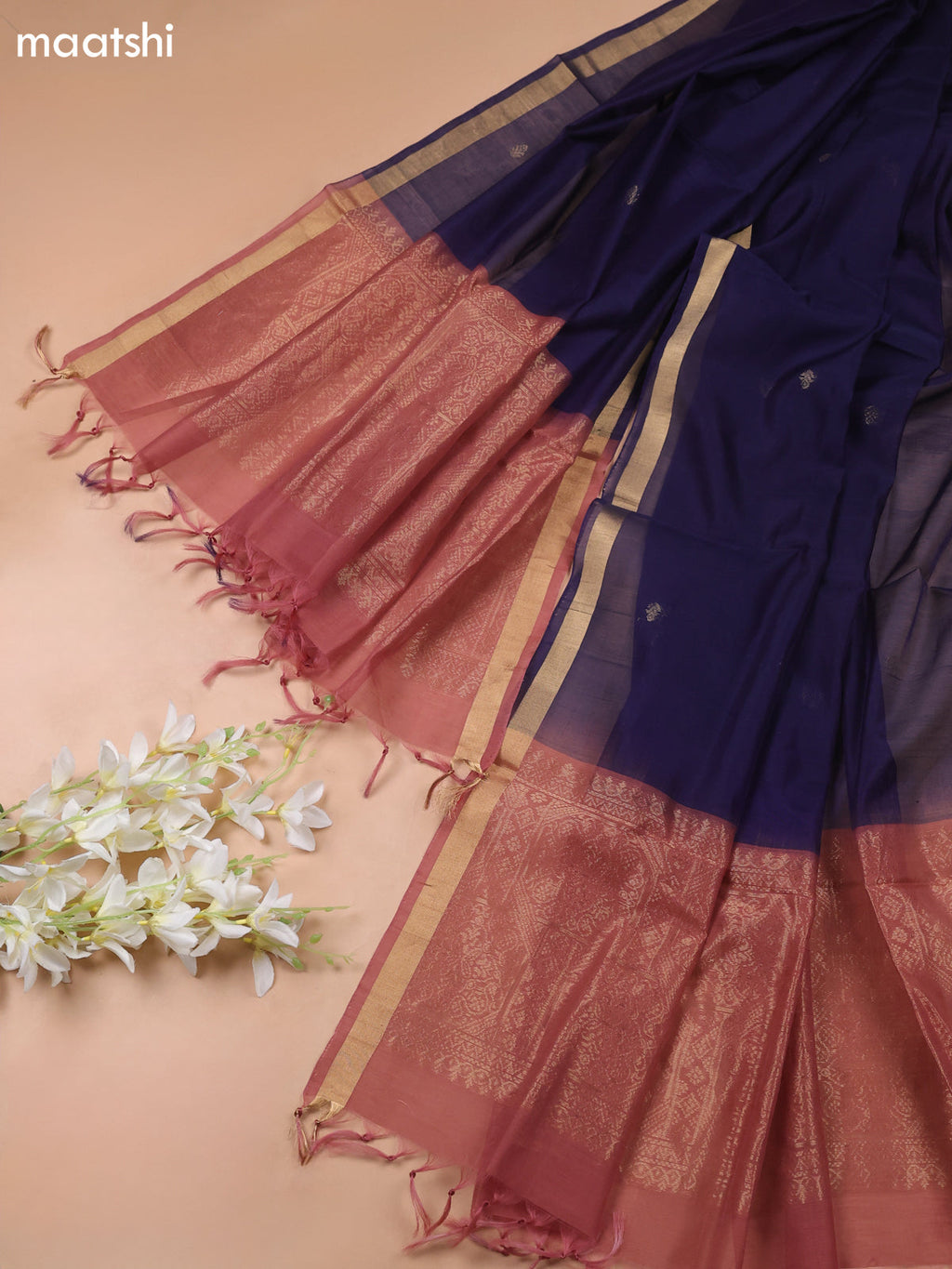 Dark Peach and Navy Blue Kora Silk Cotton Dress Material With Zari Buttas