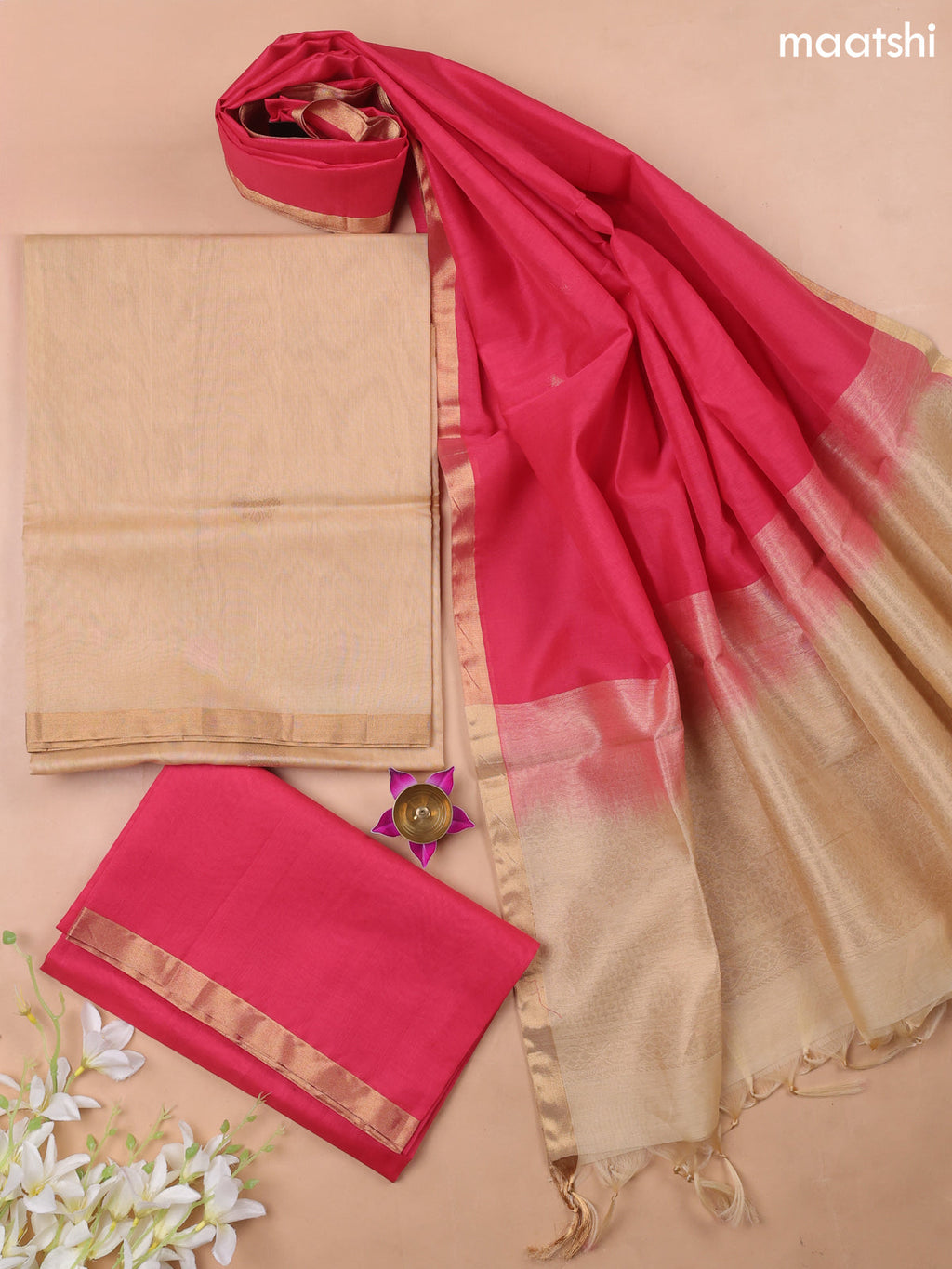 Sandal and Dark Pink Kora Silk Cotton Dress Material With Zari Buttas