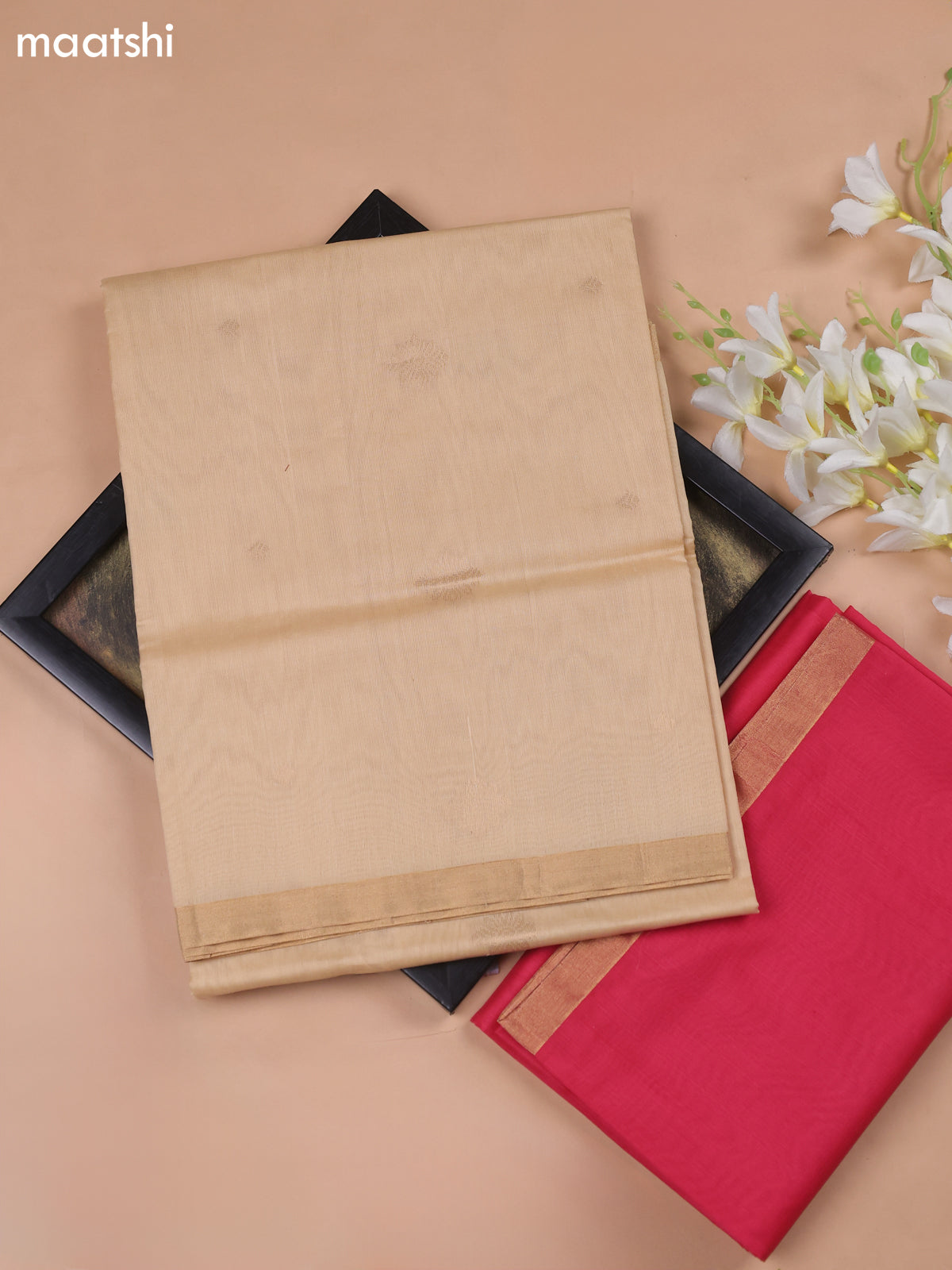 Sandal and Dark Pink Kora Silk Cotton Dress Material With Zari Buttas