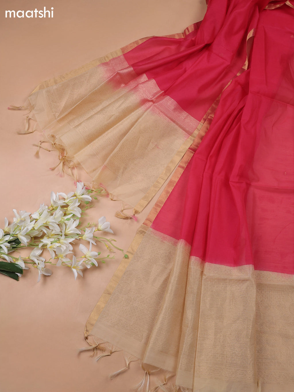 Sandal and Dark Pink Kora Silk Cotton Dress Material With Zari Buttas
